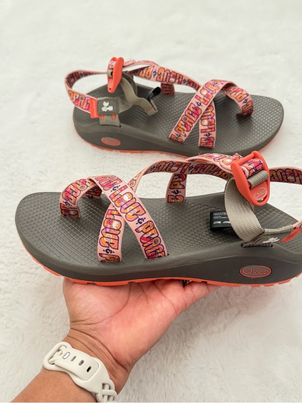 Chaco Women's Strappy Sandals in Gray with Pink/Orange Patterned Straps - Picture 6 of 9